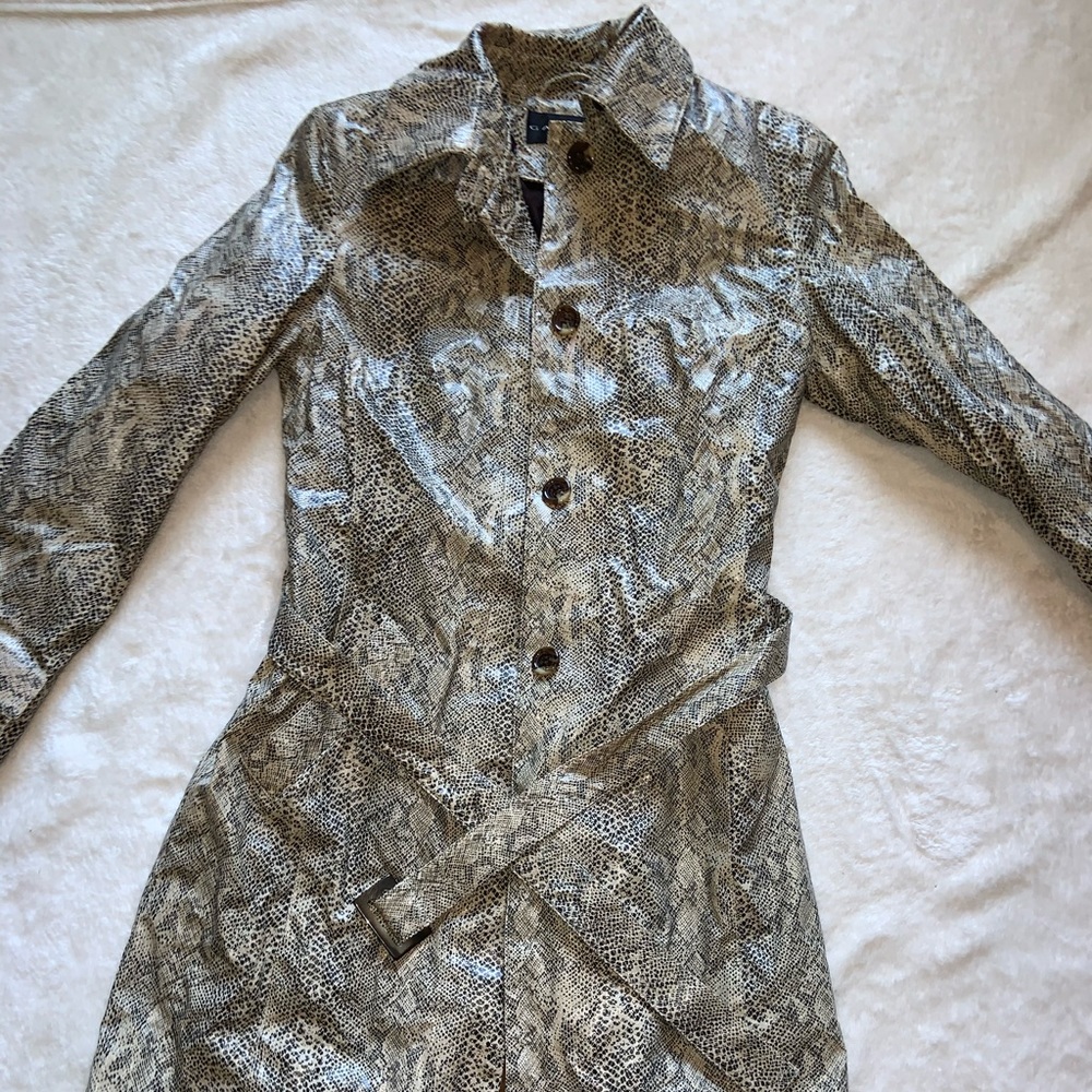 Snakeskin leather trench coat, mid thigh length